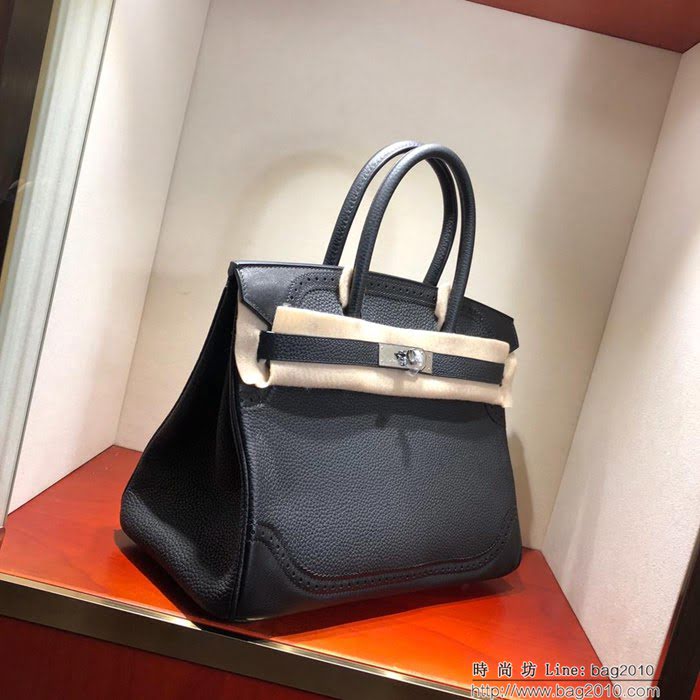 HERMES愛馬仕 鉑金包 Birkin Ghillies 30Cm Swif拼Tc 89 Noir 黑色 銀扣 頂級工藝 手縫蠟線 時尚手提包  Ama1594